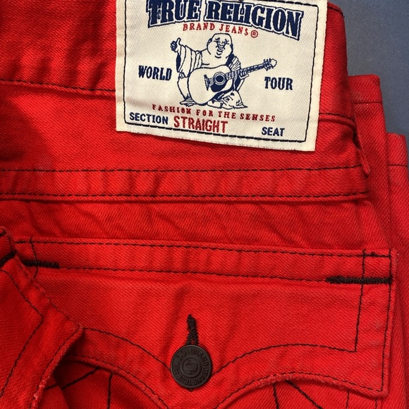 red mens true religion distressed jeans straight leg with flap pockets - Picture 5 of 6